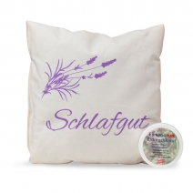 Ruhekissen SCHLAFGUT mit Lavendel in Schweizer Schafschurwolle, im SET mit 20ml Fumaria Hautschutzpflege
